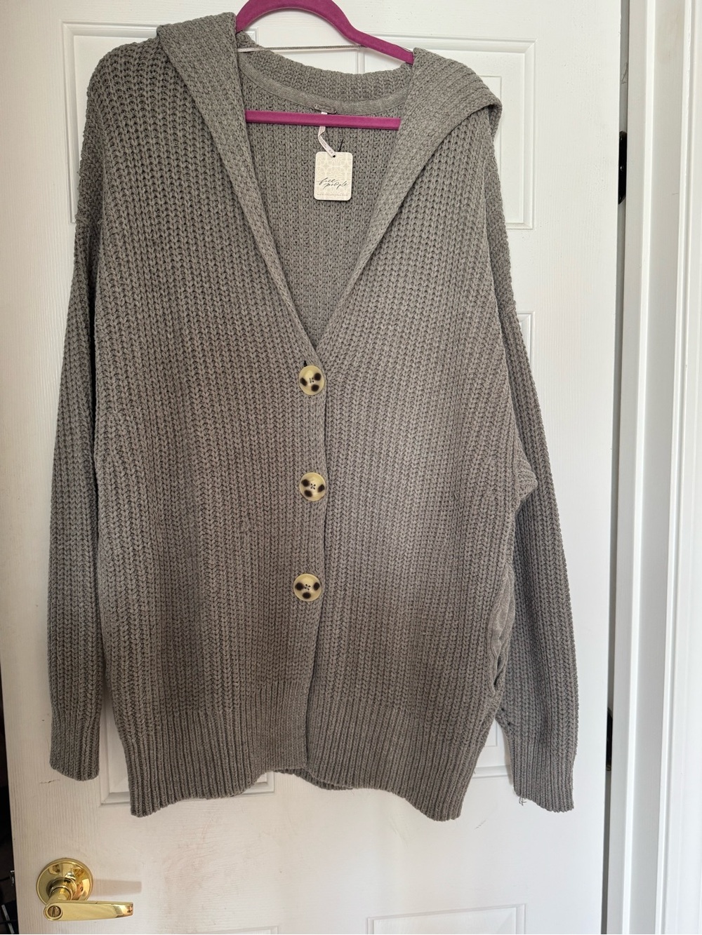Free People Hooded Button-Front Knit Cardigan in Gray